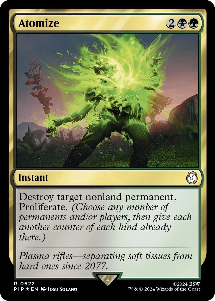 Green explosion creature on a card with "Atomize" text.