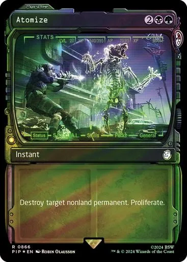 Magic: The Gathering card, Atomize, green and purple art, instant speed.