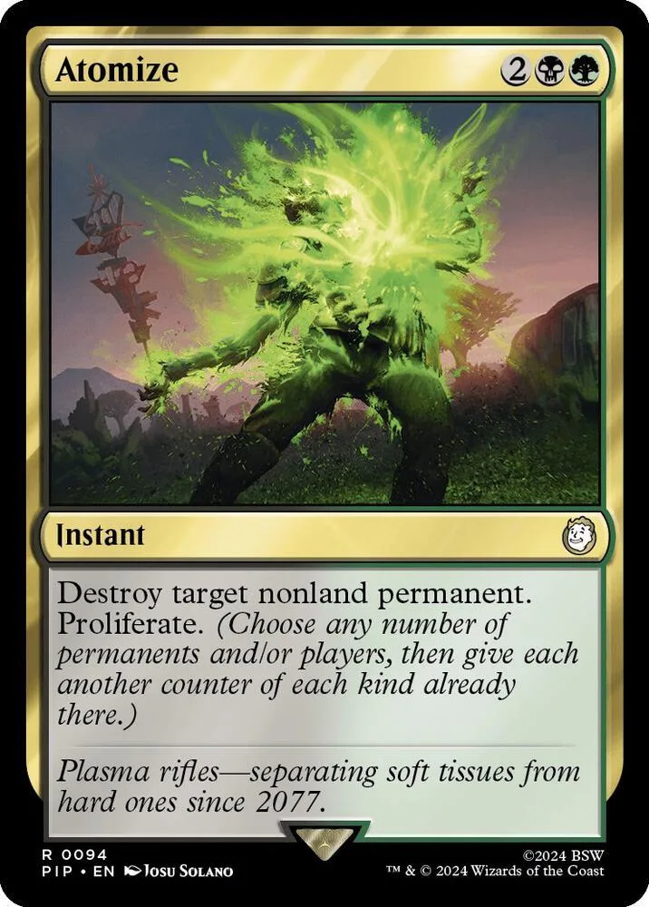 Green, explosive creature in a vibrant, dark fantasy landscape on a Magic card.