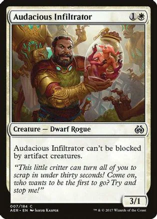 Card art shows bearded dwarf rogue holding glowing red creature in jar.