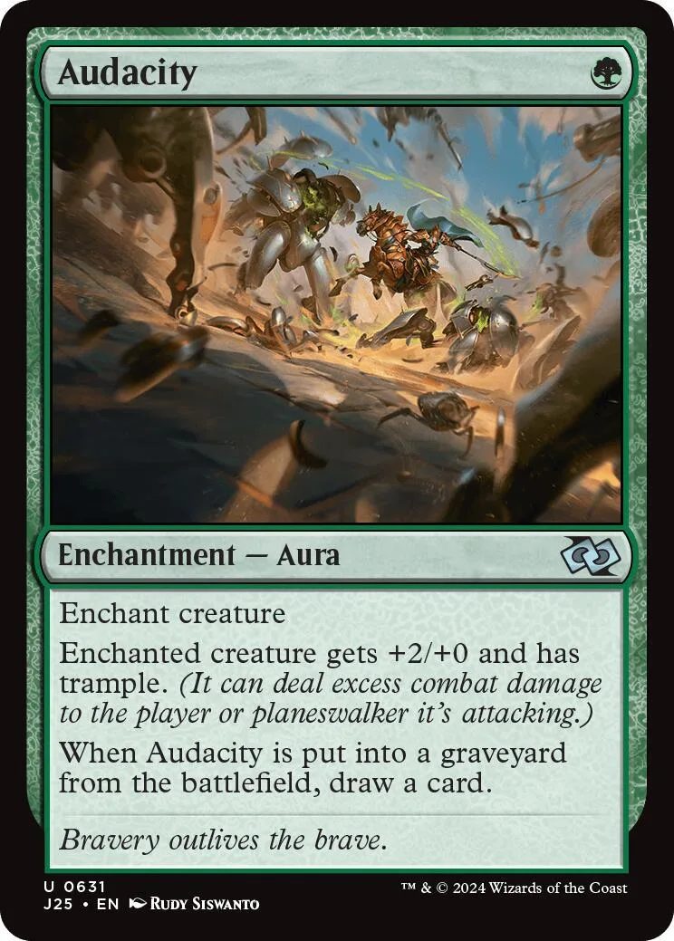 Magic: The Gathering card, "Audacity," featuring a chaotic battlefield scene.