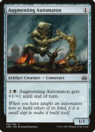 Metal automaton creature on dark, smoky battlefield. Blue and gray card art.