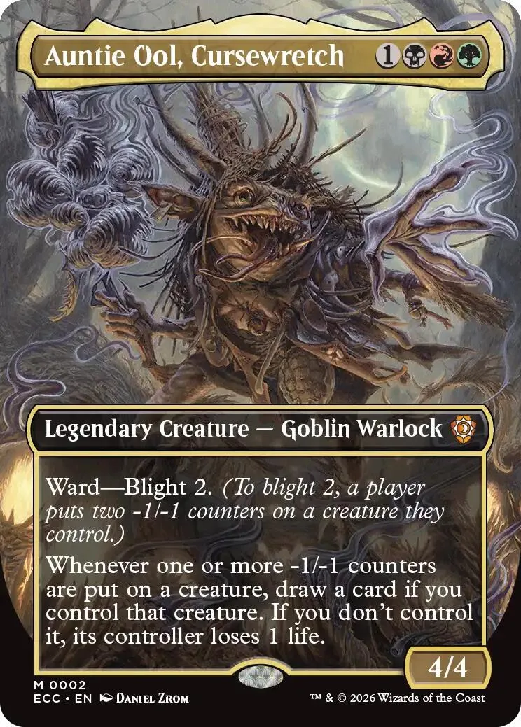 Dark, monstrous goblin warlock creature card art with black and brown tones.