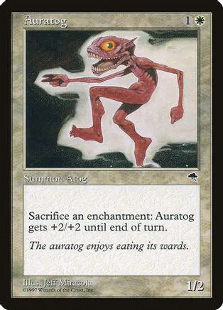 Red, skeletal creature on a card with black and white artwork.