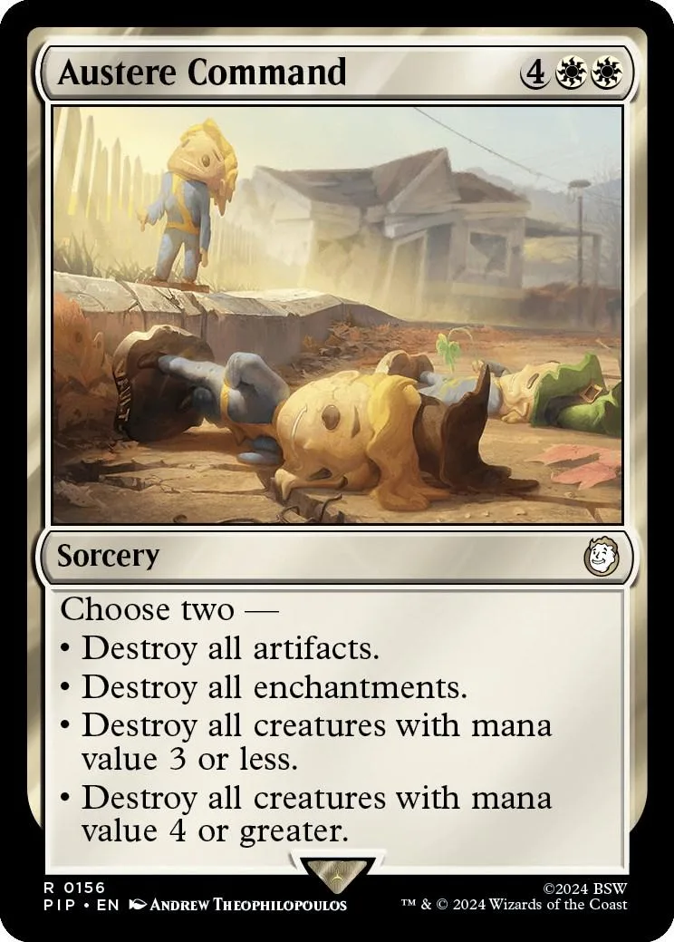 Magic: The Gathering card, Austere Command, showing a desolate outdoor scene.