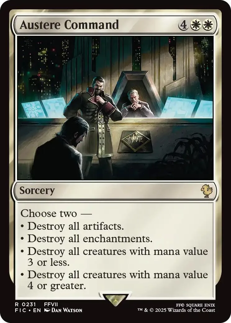 Magic: The Gathering card, Austere Command, dark fantasy art, black and gold accents.