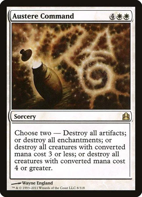 Black and gold card art featuring a dark, swirling vortex. Austere Command card.
