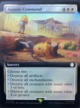 Magic: The Gathering card, Austere Command, showing a desolate landscape.