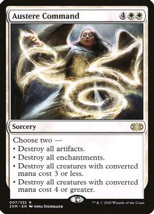 Magic: The Gathering card, Austere Command, featuring a woman surrounded by glowing energy.
