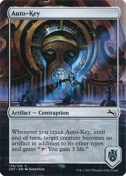 Metal gear mechanism art on a Magic: The Gathering Auto-Key card.