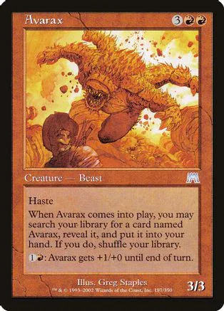 Orange and yellow monster creature card, "Avarax," with black border.