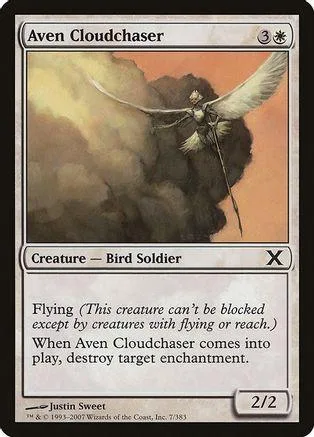 White and brown winged creature on a fantasy landscape card.