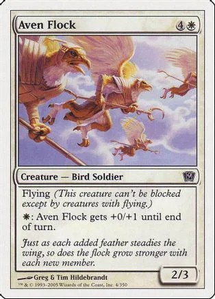Card art shows flying birds in a purple and orange sky. Creature card.
