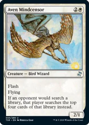Brown and white bird wizard flying against a light blue sky on a trading card.