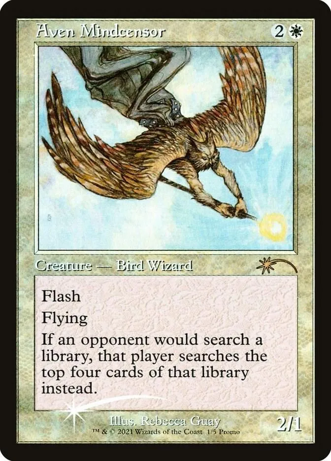Brown bird wizard creature card with blue and white background art.