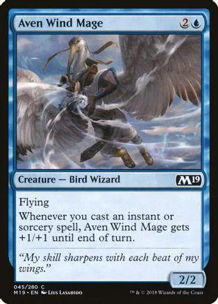 Bird wizard creature with large wings, blue and grey tones, M19 set card.
