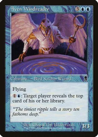 Winged figure with staff over blue water on a card.