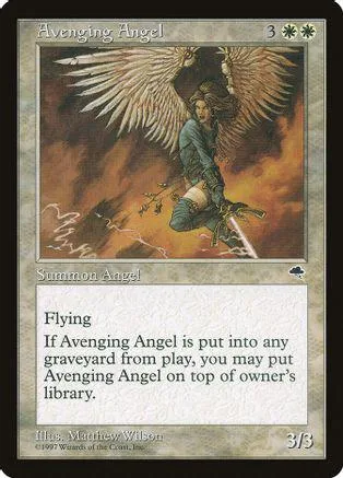 Angel figure with large wings on a dark, fiery background. Magic: The Gathering card.