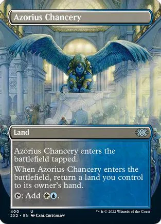 Blue and green winged creature on a pedestal, fantasy landscape background.