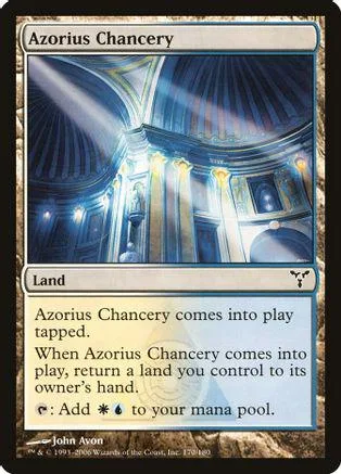 Blue and gold fantasy cityscape on a Magic: The Gathering land card.