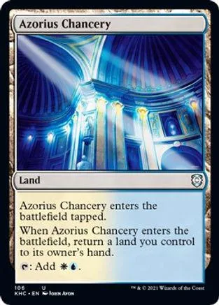 Blue and gold magical city scene on a Magic: The Gathering land card.
