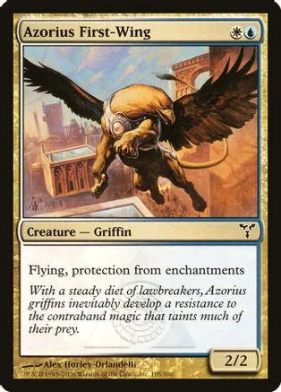 Golden griffon creature flying over city ruins on a Magic: The Gathering card.