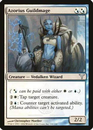 Blue-skinned wizard creature card art, featuring flowing robes and magical energy.