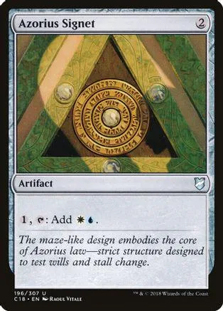 Gold and green triangular artifact card with circular emblem.