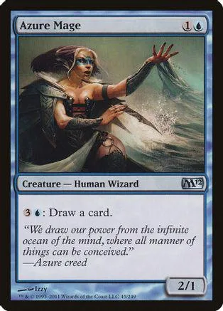 Woman with blue hair casting magic on a fantasy scene. Blue and green card art.