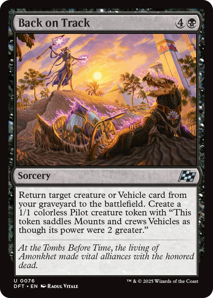 Magic: The Gathering card, "Back on Track," featuring a dragon and sunset scene.