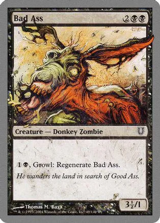 Orange and brown donkey zombie creature card art, "Bad Ass" title.