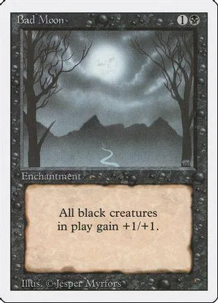 Dark, moody card art of a pale moon over mountains. Black text box below.