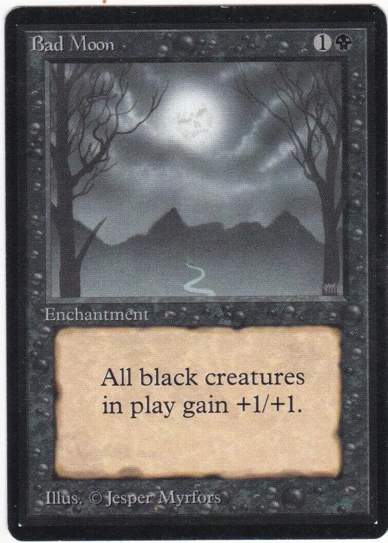 Black and white card art of a moonlit, dark forest scene. Enchantment card.