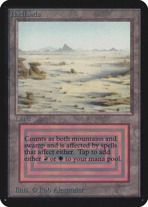 Basic land card, Badlands, depicting a desolate, snowy landscape.