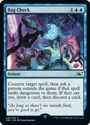 Blue and purple fantasy art card, "Bag Check," with mana symbols and text box.