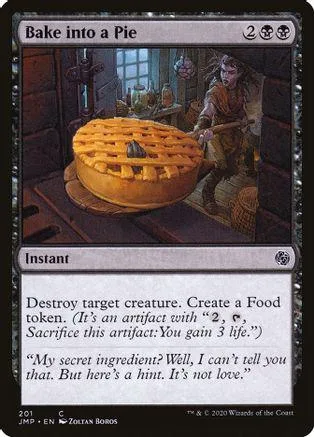 Card art shows a baked pie and a figure in a rustic setting.