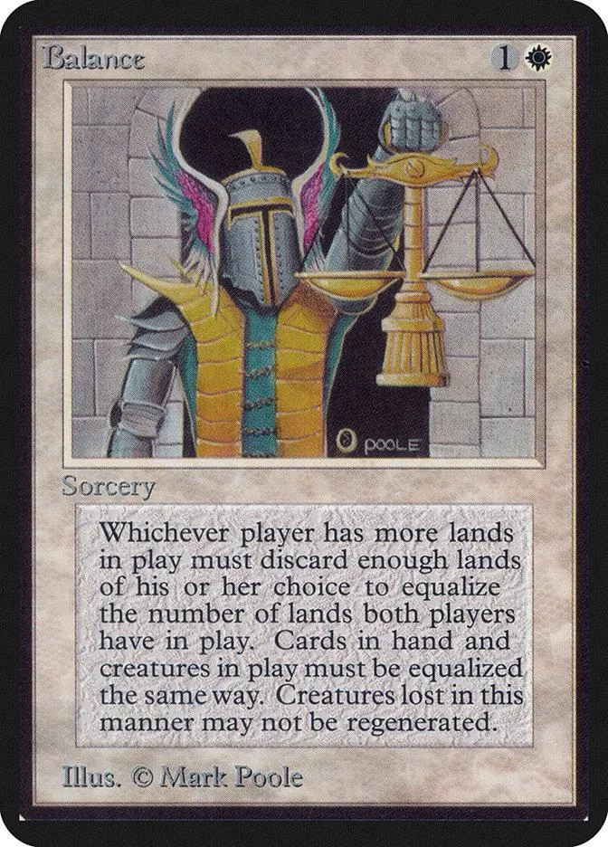 Magic: The Gathering "Balance" card featuring scales and a figure in armor.