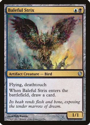 Dark, feathered creature on a card with blue and orange tones.
