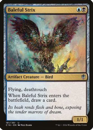 Dark, feathered bird creature card art. Black and gold frame.
