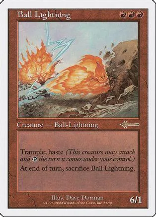 Orange, fiery creature attacks with lightning on a Magic: The Gathering card.