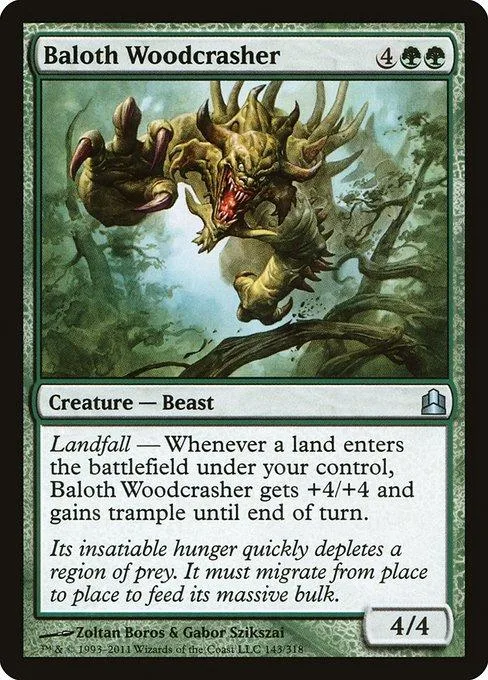 Green beast creature card, Baloth Woodcrasher, with tribal and landfall abilities.