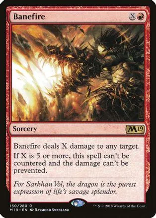 Dark dragon attacking in fiery scene on a Banefire Magic: The Gathering card.