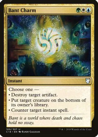 White and blue magic card, Bant Charm, featuring a swirling white symbol.