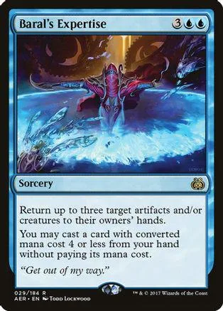 Magic: The Gathering card, Baral's Expertise, blue and black art, in a protective sleeve.
