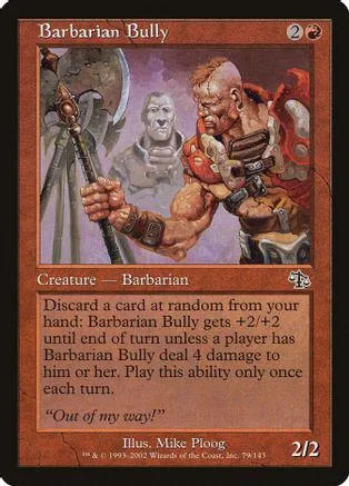 Card art of a muscular barbarian holding a weapon, purple and brown tones.