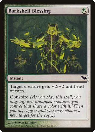 Green creature art card titled "Barkshell Blessing" with instant ability text.