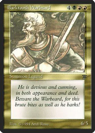 Card art depicts bearded man with sword, dark tones, showing card text.