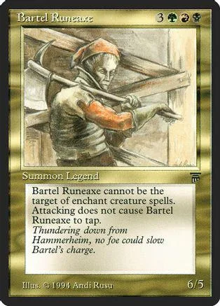 Card art: man with axe, brown and gray tones. Bartel Runeaxe collectible card.
