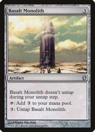 Black and gray card art of a large stone monolith in a landscape.