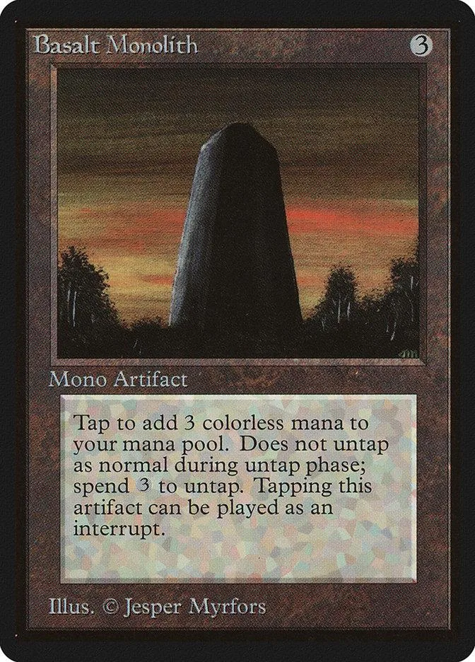 Black basalt monolith card art, showing a dark monolith against a sunset.